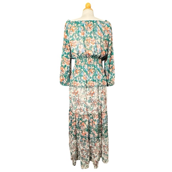 fig and flower Sheer Floral Tiered Maxi Dress in Green, White, & Orange - Picture 2 of 12